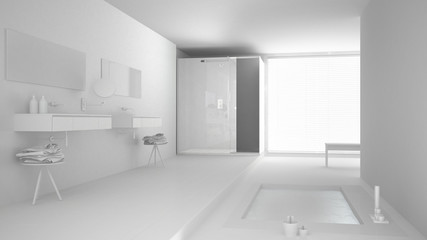 Total white project of minimalist bathroom with bath tub and panoramic window, classic interior design