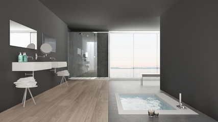 Minimalist white and gray bathroom with bath tub and panoramic window, classic interior design