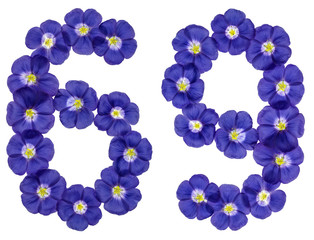 Arabic numeral 69, sixty nine, from blue flowers of flax, isolated on white background