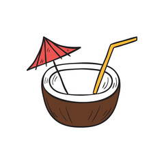 Vector cartoon hand drawn coconut cocktail with straw