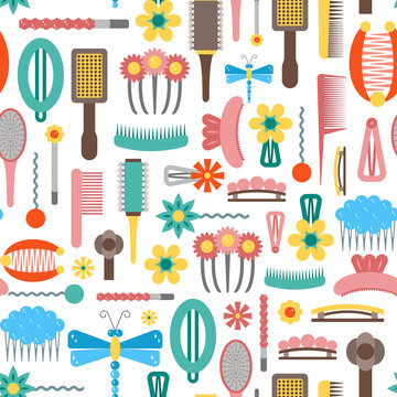 Vector cartoon flat hairpins and brushes objects