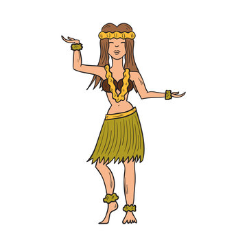 Vector cartoon hand drawn hawaiian dancing girl