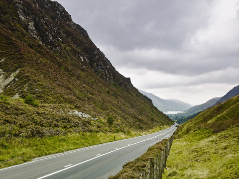 Rural road and mountains, Bala, Gwynned, Wales, UK