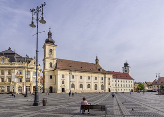 Fototapeta premium The Sfanta Treime (Holy Trinity) Roman-Catholic Church, Piata Mare, Sibiu, Romania