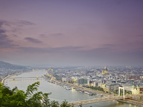 Skyline of Budapest from Gellert Hill at dusk, Hungary