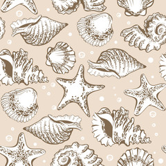 Seamless pattern, beige shells and starfish with bubbles