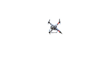 White drone armed with camera flying high in the sky, isolated on white background