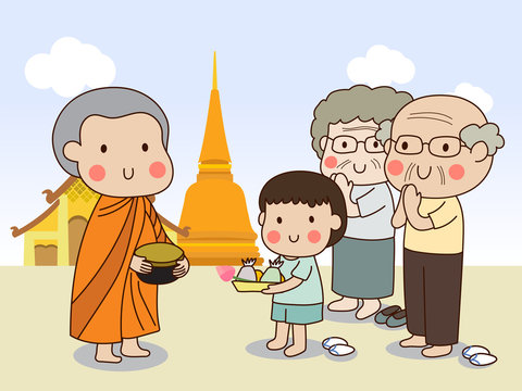 cartoon monk receiving alms from family clip art preview