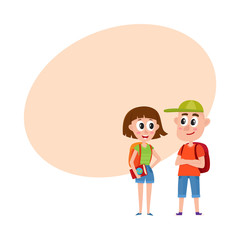 Couple of tourists, man and woman, with backpacks on vacation tour, cartoon vector illustration with space for text. Full length portrait of boy and girl tourists travelling together