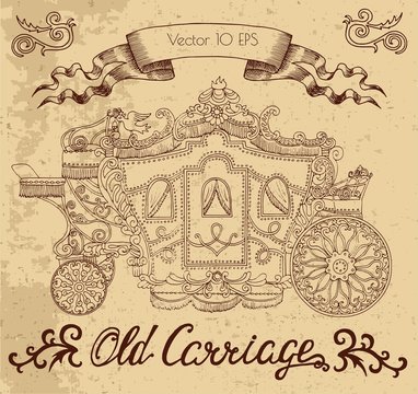 Hand drawn vintage illustration with old carriage on textured background
