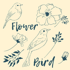Bird, flowers, branches, leaves on a pink background. Spring. Birds and flowers. A collection of vector elements for design.