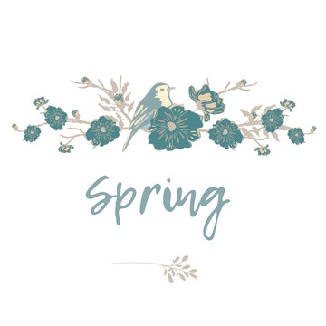 Bird with flowers and branches Border for text. Spring. Birds and flowers. A collection of vector elements for design.