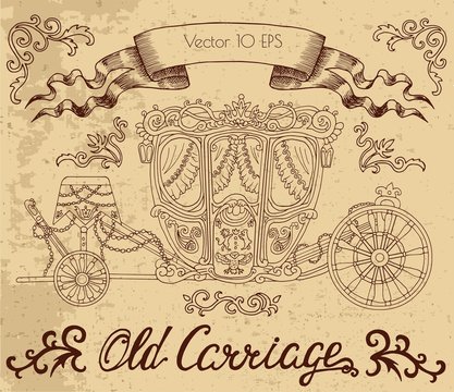 Line art illustration with vintage carriage on textured background