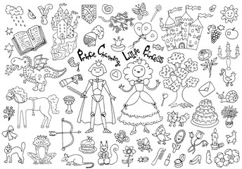 Doodle set with royal prince and princess accessories and concept, children's drawings © samiramay