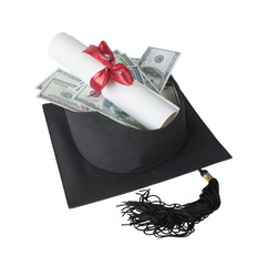 Graduate cap, banknotes and Certificate of graduation