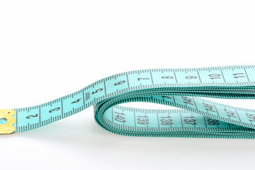 Tape measure in cyan color with black numbers