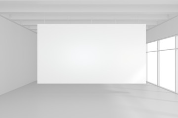 interior blank billboards standing on floor in white room. 3d rendering.
