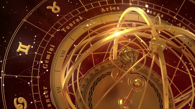 Zodiac Signs and Armillary Sphere On Red Background. Seamless Looped. 3D Animation.