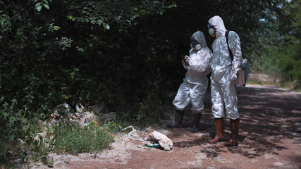 Two biologists in protective suits exploring ground and plants in woods. Inspect existence of garbage in the nature