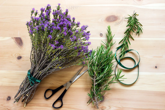 A bouquet of blooming thyme. Rosemary.  Spices.