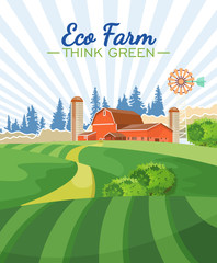 Farm rural landscape. Agriculture vector illustration.  Colorful countryside. Poster with retro village and farm © Tatsiana Tsyhanova