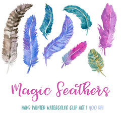 Colorful feathers watercolor illustration, watercolor hand painted clip art, 400 dpi, bohemian art, tribal art, magic feathers 