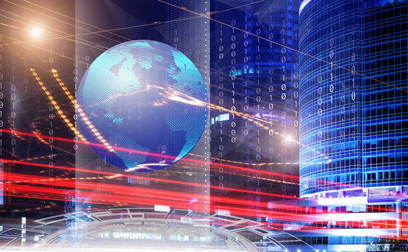 Holographic 3d planet earth against blue abstract background with binary code and bright trails lights, blurred long exposure on the modern building