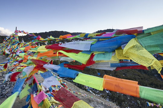 Colourful prayer flags, Shangri-la County, Yunnan, China