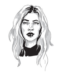 Vector line illustration of woman face with long hair isolated on white background. 