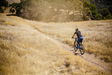 Elevated rear view of young man mountain biking on dirt track, Mount Diablo, Bay Area, California, USA