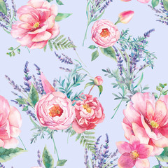 Watercolor lavender and garden flowers seamless pattern. Hand drawn peony, roses, tulip, fern leaves repeating texture on pastel background. Floral wallpaper design