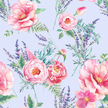 Fototapeta Watercolor lavender and garden flowers seamless pattern. Hand drawn peony, roses, tulip, fern leaves repeating texture on pastel background. Floral wallpaper design