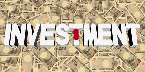 Investment text with Japanese flag on currency illustration