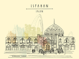 Sheikh Lotfollah Mosque in Isfahan, Iran. Travel vintage hand drawn postcard