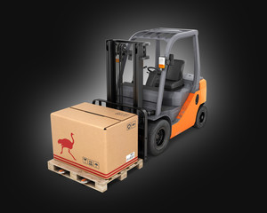 Forklift truck with box on pallet on black gradient background 3d