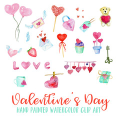 Valentine's Day Watercolor Hand Painted Clip Art, Balloons, Hearts, Cupcake, Love letter, Wings, Lock, Key, Teddy bear, Mug, Cup, Love, Romance  Illustration 