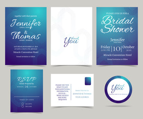 Set of wedding invitation cards/Bridal shower/RSVP cards/Thank you stickers.Deep Blue color tone and Modern Structure of Islamic architecture.Vector/Illustration