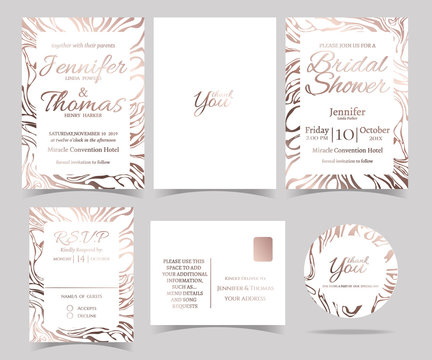 Set of Wedding invitation Card /RSVP Card /Bridal Shower Card/ Sticker and Marble style.Rose Gold color tone.Vector/Illustration.