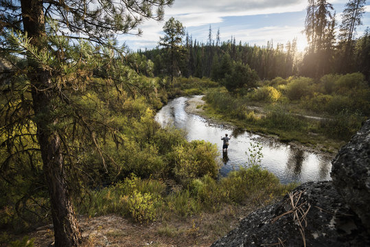 Man in river fly fishing, near Lolo Pass, Bitterroot Mountains, Missoula, Montana, USA