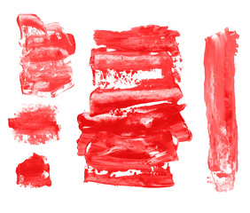 Set of bloody red watercolor hand painting dry brush stroke textures. Collection of grunge stains, splash, spot, drops design elements isolated on white. Gouache, acrylic art abstract illustration.