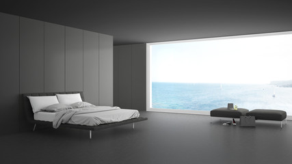 Minimalist bedroom with big window on sea panorama, white and gray interior design