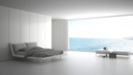 Blur background interior design, minimalist white bedroom with big panoramic window