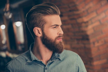 Advertising barbershop concept. Profile side portrait of harsh handsome red bearded young guy. He has a perfect stunning hairstyle, modern haircut