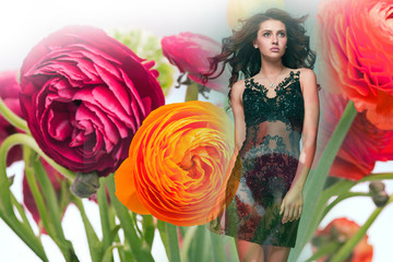art collage with very beautiful woman in flowers