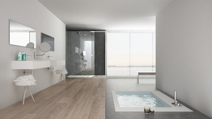 Minimalist white bathroom with bath tub and panoramic window, classic interior design