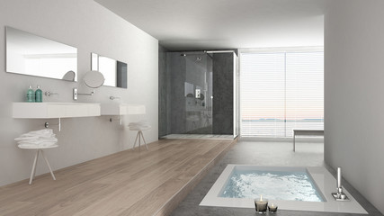 Minimalist white bathroom with bath tub and panoramic window, classic interior design