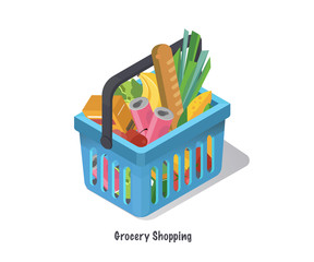Shopping basket with fresh food and drink.Buy grocery in the supermarket.Isometric vector illustration