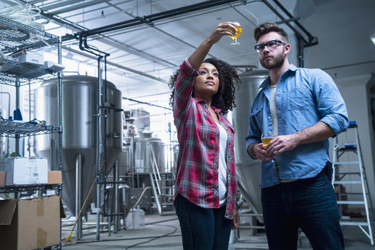 Colleagues in brewery holding up glass of beer, checking quality