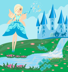 Obraz na płótnie Canvas Illustration of a fairy, Castle and a carriage