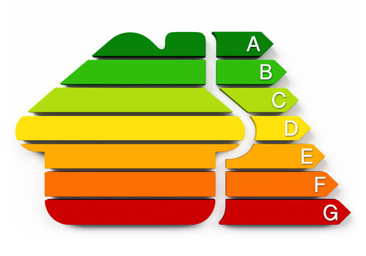 Energy efficiency rating arrows from A to G in a house shape